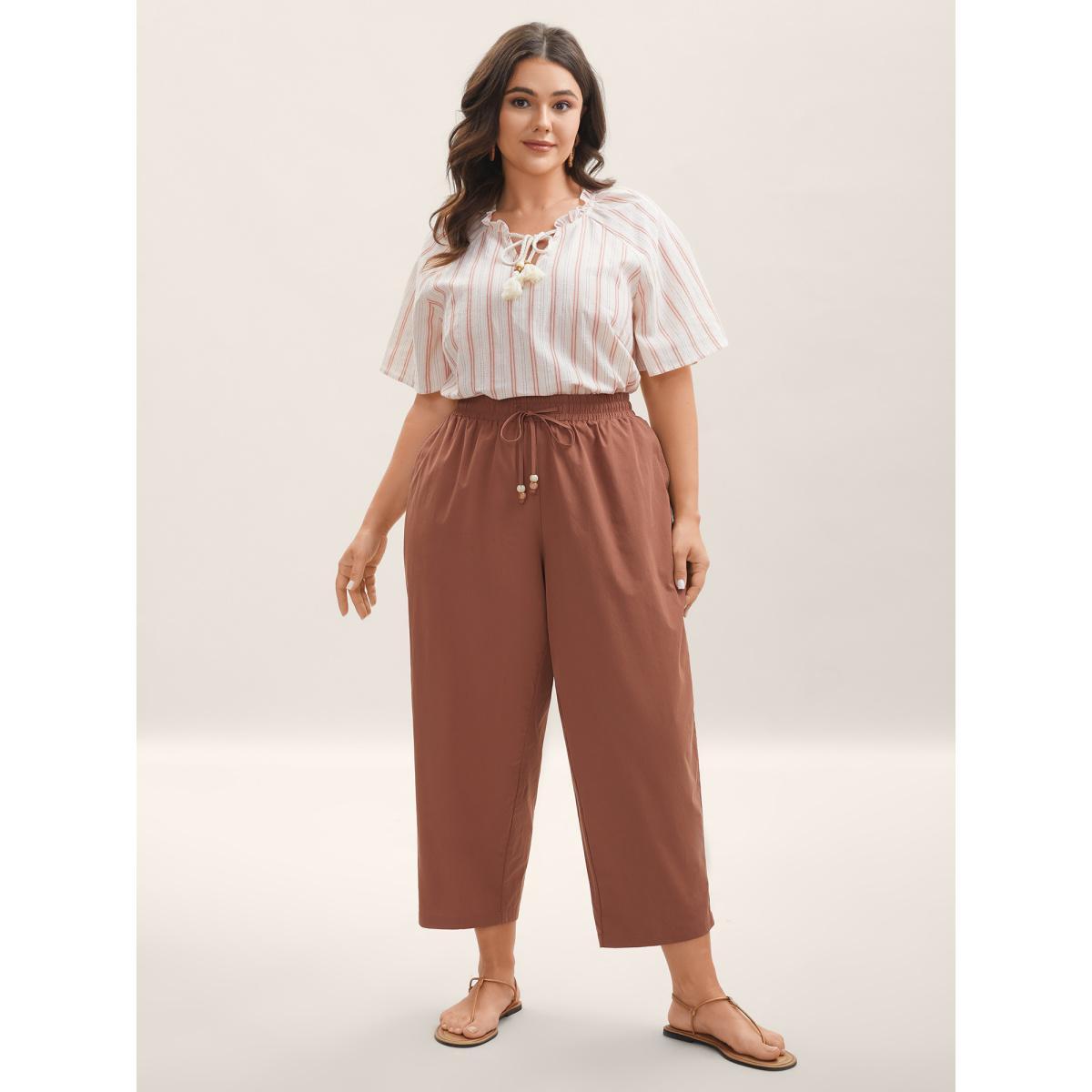 Plus Size Cotton Drawstring Straight-Leg Pants Women Rust Resort Straight Leg Mid Rise Vacation Pants BloomChic 30/6X Product Image