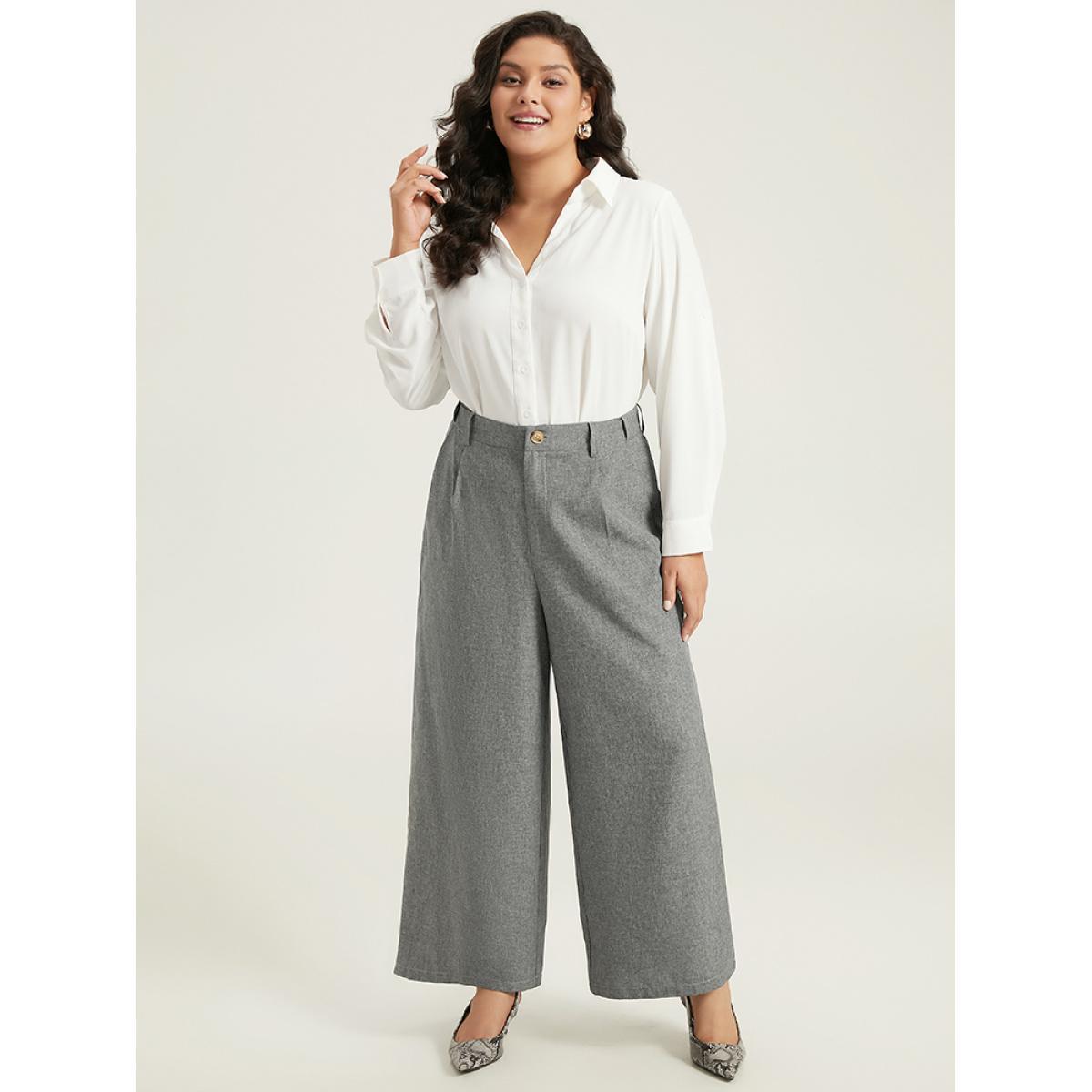 Plus Size Plain Wide Leg Elastic Waist Pocket Pants Women Gray Workwear Essentials Wide Leg High Rise Work Pants BloomChic 12/L Product Image