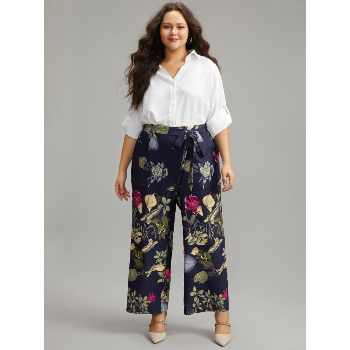 Plus Size Floral Print Belted Straight Leg Pants Women Indigo Elegant Wide Leg High Rise Dailywear Pants BloomChic 22-24/3X Product Image