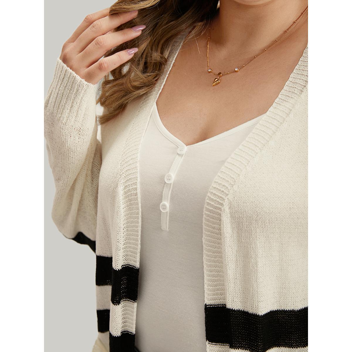 Plus Size Striped Pocket Open Front Cardigan Beige Women Casual Loose Long Sleeve Everyday Cardigans BloomChic 12/L Product Image