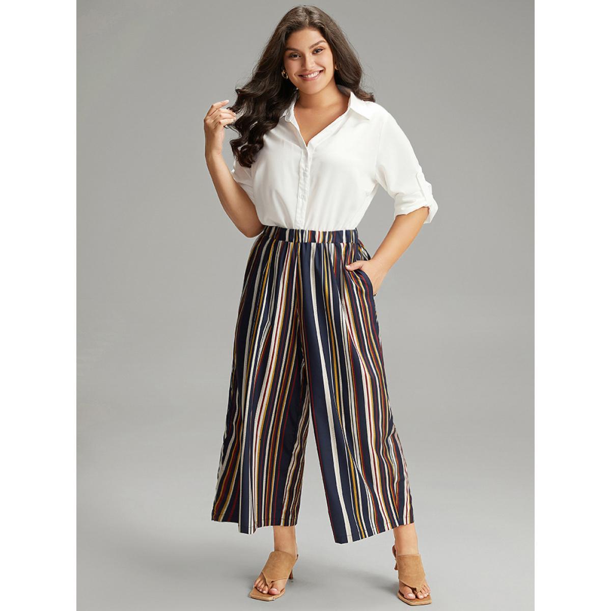 Plus Size Colour Striped Contrast Elastic Waist Wide Leg Pants Women Multicolor Casual Wide Leg High Rise Dailywear Pants BloomChic 12/L Product Image