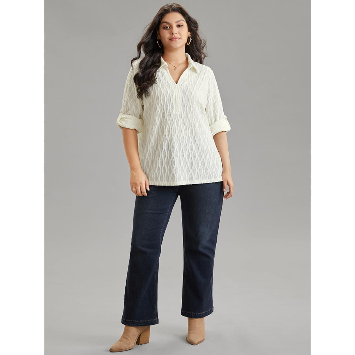 Plus Size Ivory Plain Shirt Collar Tab Sleeve Jacquard Blouse Women Casual Long Sleeve Shirt collar Work Blouses BloomChic 28/5X Product Image