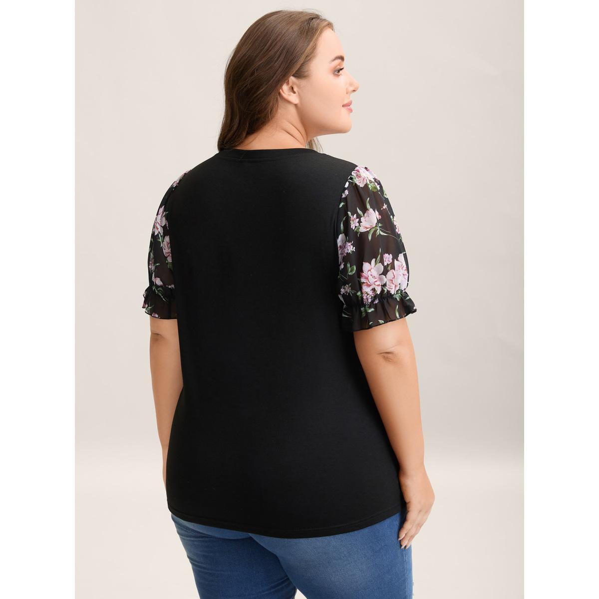 Plus Size Printed Puff Sleeve Crew Neck T-Shirt Black Women Elegant Gathered Natural Flowers Round Neck Everyday T-shirts BloomChic 22-24/3X Product Image