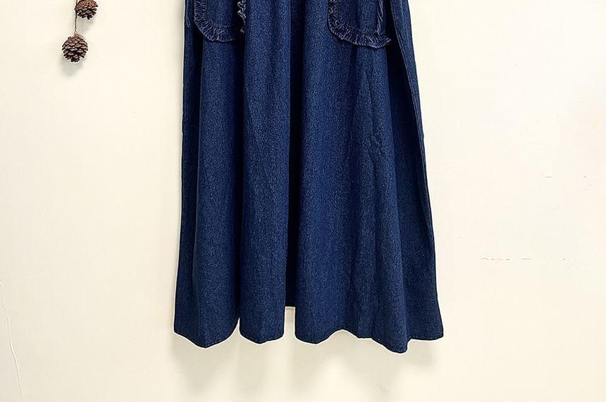 Square Neck Rabbit Embroidered Frill Trim Washed Denim Maxi Jumper Dress Product Image