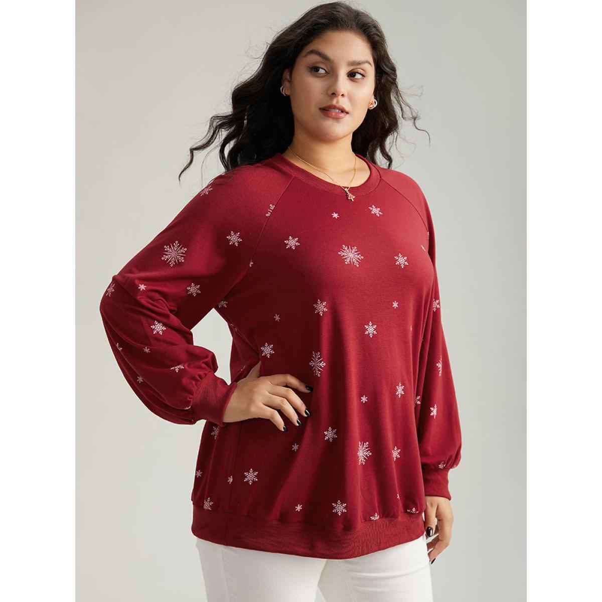 Plus Size Snowflake Print Raglan Sleeve Sweatshirt Women Red Casual Elastic cuffs Round Neck Festival-Christmas Sweatshirts BloomChic 18-20/2X Product Image