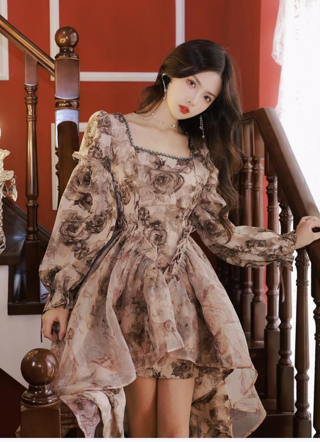 Long-Sleeve Square Neck Floral A-Line Dress Product Image