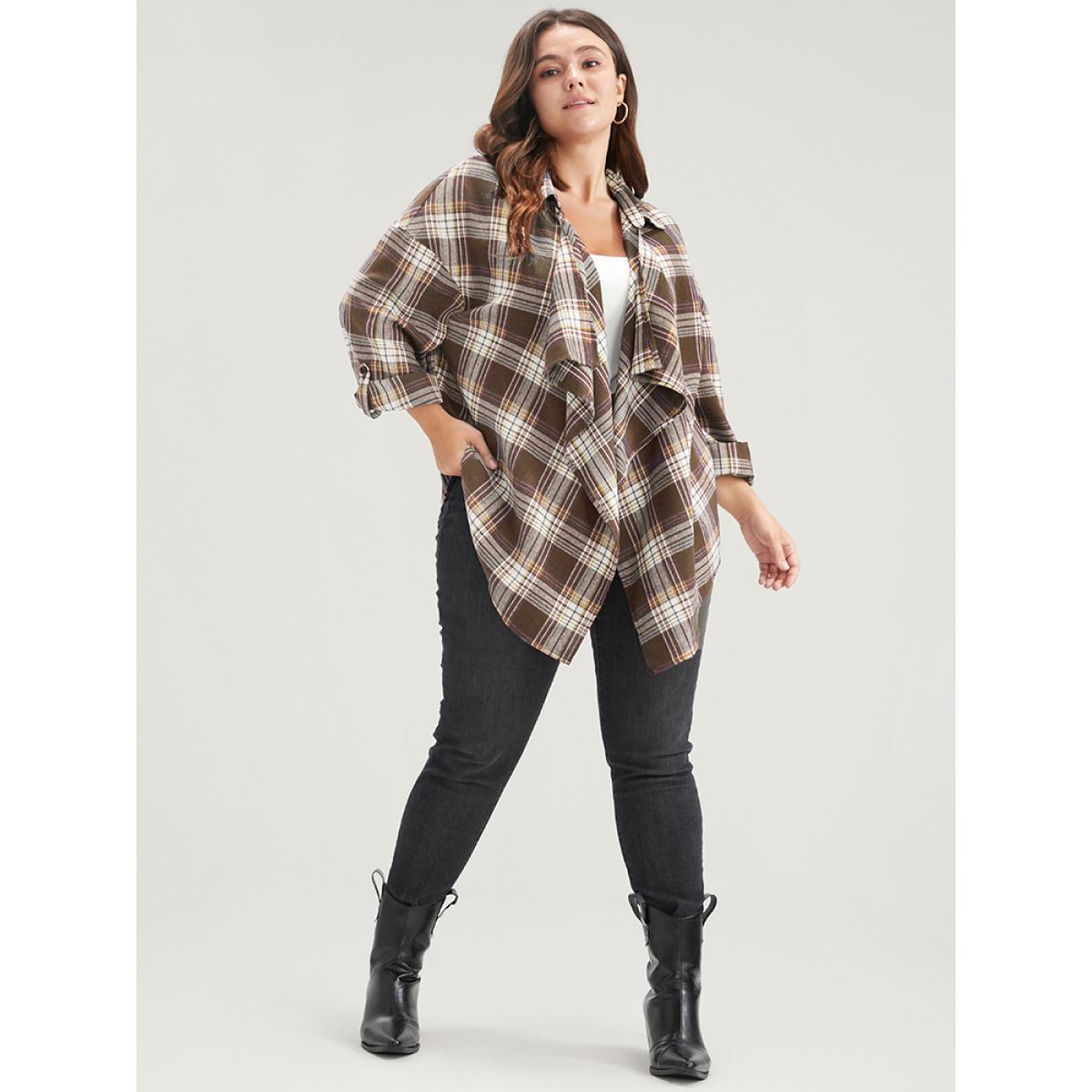 Plus Size Plaid Cuffed Sleeve Asymmetrical Waterfall Collar Coat Women DarkBrown Elegant Asymmetrical Ladies Dailywear Winter Coats BloomChic 30/6X Product Image