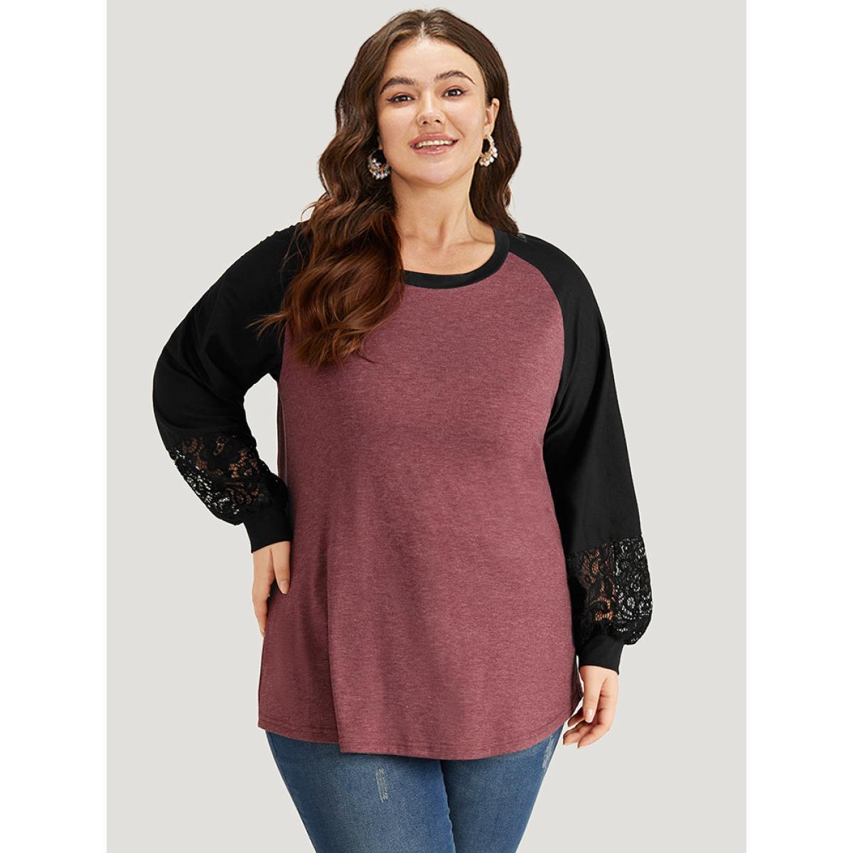Plus Size Round Neck Lace Patchwork Raglan Sleeve T-shirt Russet Women Elegant Elastic cuffs Plain Round Neck Dailywear T-shirts BloomChic 10/M Product Image