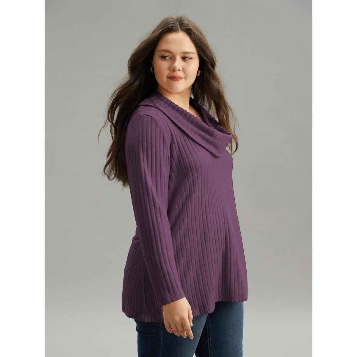 Plus Size Plain Rib Knit Cowl Neck T-shirt Eggplant Women Elegant Texture Plain Ruffled collar Dailywear T-shirts BloomChic 22-24/3X Product Image
