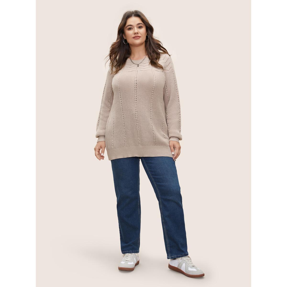 Plus Size Plain Texture Raglan Sleeve Pointelle Knit Pullover Apricot Women Casual Long Sleeve Round Neck Everyday Pullovers BloomChic 10/M Product Image