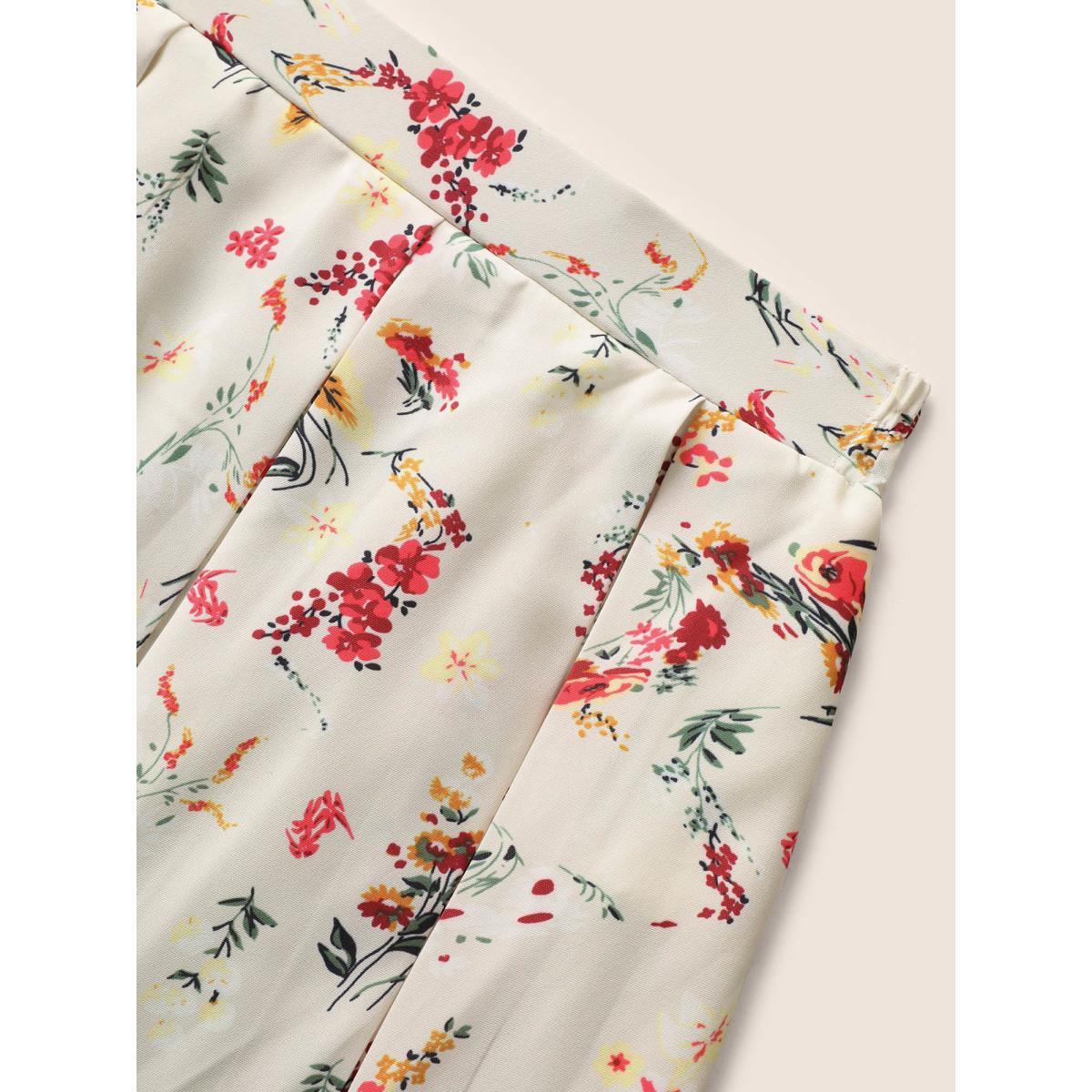 Plus Size Floral Print Pleated Elastic Waist Skirt Women Beige Elegant Pleated No stretch Everyday Skirts BloomChic 18-20/2X Product Image