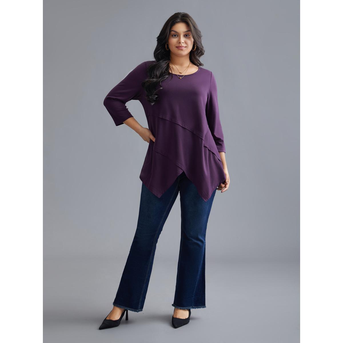 Plus Size Asymmetrical Hem Overlap Long T-shirt Black Women Elegant Tucked seam Round Neck Loose Everyday T-shirts BloomChic 30/6X Product Image
