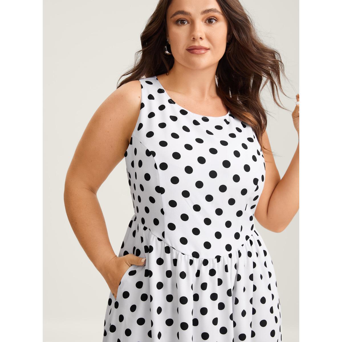 Plus Size Pretty Polka Dots Drop Waist Midi Dress Ivory Women Gathered Round Neck Sleeveless Curvy BloomChic 12/L Product Image