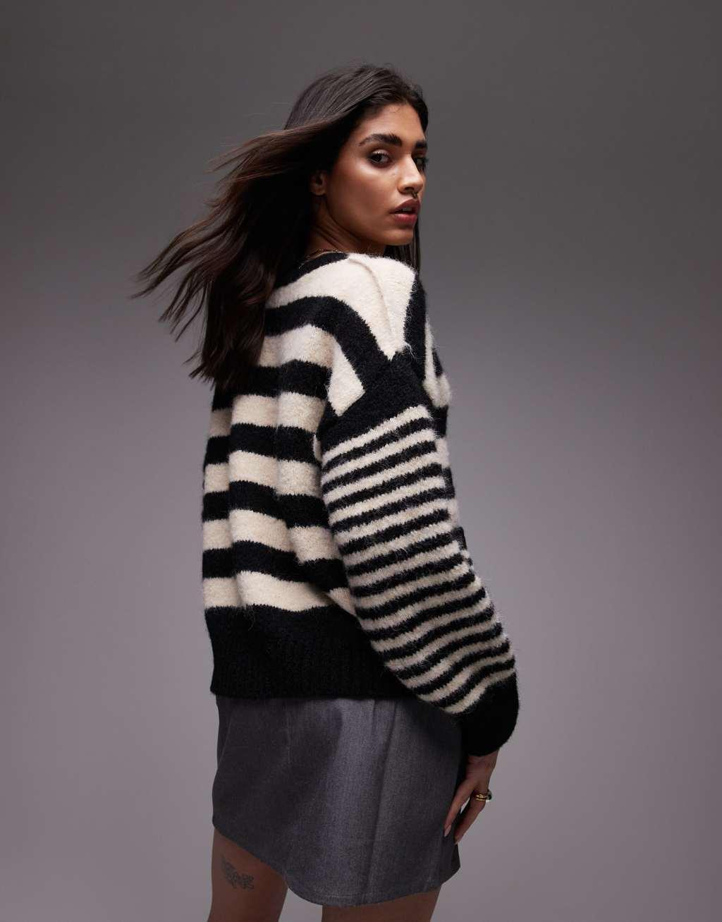 Topshop knitted exposed seam crew cardi with pockets in black and ecru stripe Product Image