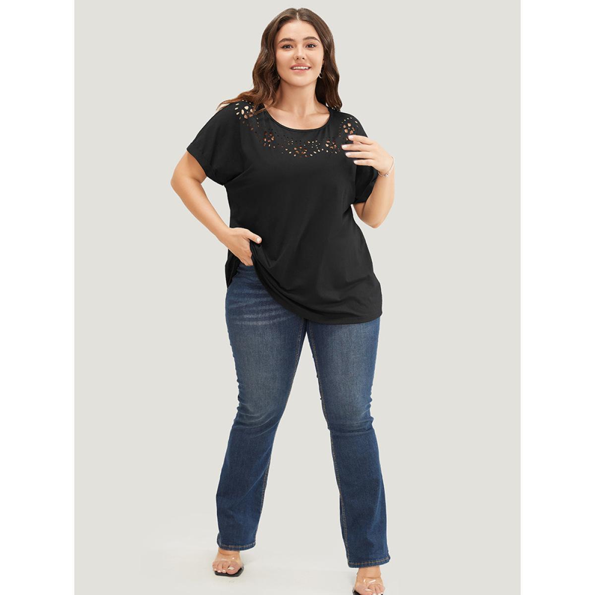 Plus Size Solid Roll Batwing Sleeve Laser Cut T-shirt Black Women Elegant Plain Round Neck Dailywear T-shirts BloomChic 14-16/1X Product Image