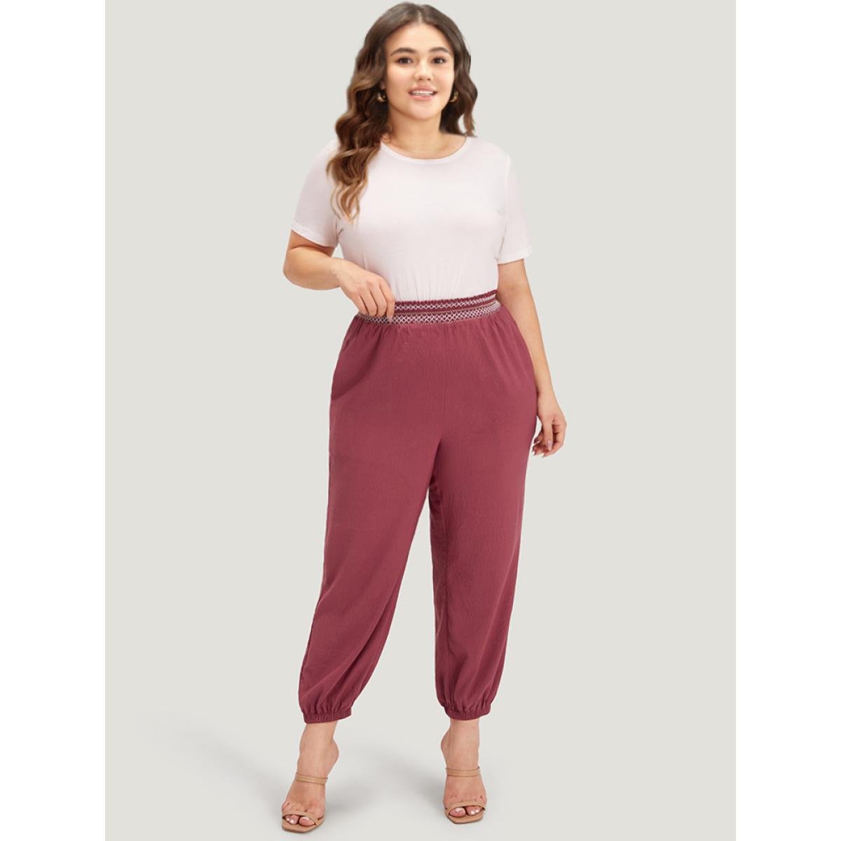 Plus Size Contrast Pocket Shirred Paperbag Waist Carrot Pants Women Burgundy Elegant High Rise Dailywear Pants BloomChic 26/4X Product Image