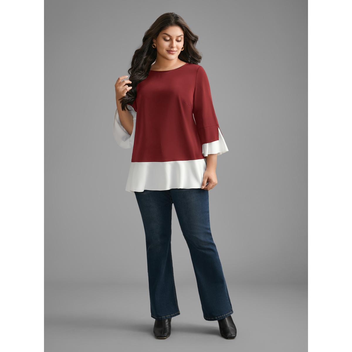Plus Size Scarlet Contrast Patchwork Bell Sleeve Blouse Women Elegant Elbow-length sleeve Round Neck Everyday Blouses BloomChic 18-20/2X Product Image