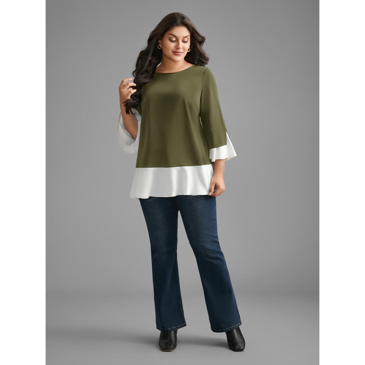 Plus Size ArmyGreen Contrast Patchwork Bell Sleeve Blouse Women Elegant Elbow-length sleeve Round Neck Everyday Blouses BloomChic 28/5X Product Image
