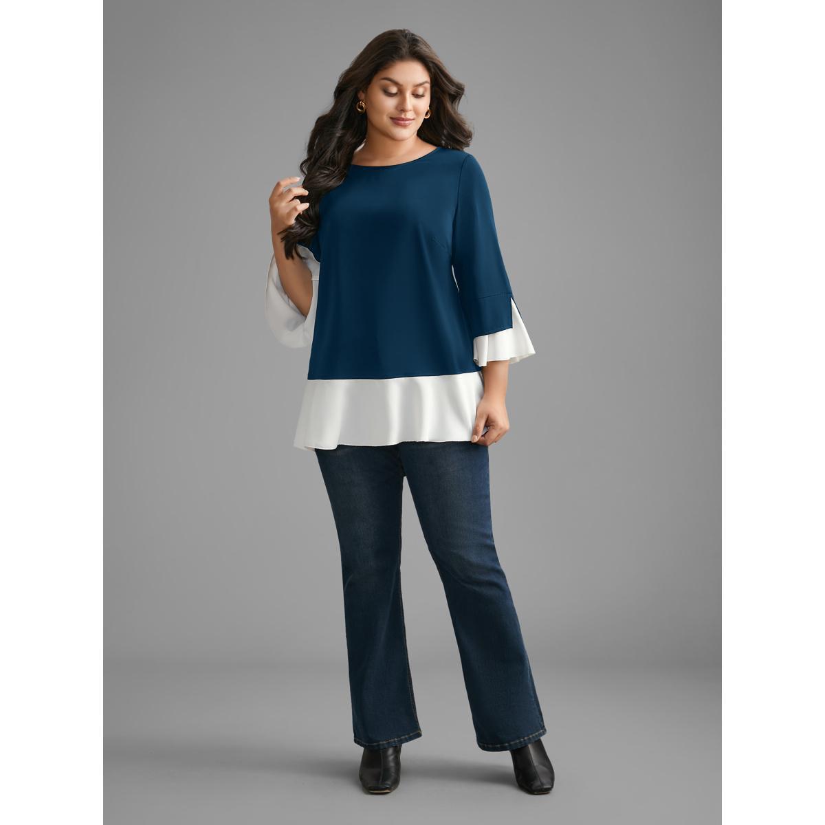 Plus Size Indigo Contrast Patchwork Bell Sleeve Blouse Women Elegant Elbow-length sleeve Round Neck Everyday Blouses BloomChic 18-20/2X Product Image