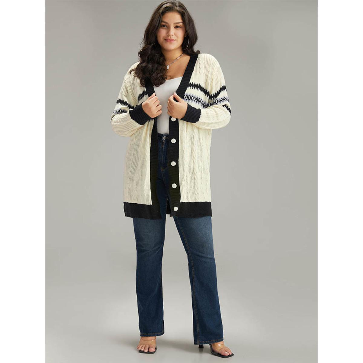 Plus Size Cable Knit Striped Geo Button Fly Cardigan Beige Women Casual Loose Long Sleeve Dailywear Cardigans BloomChic 30/6X Product Image