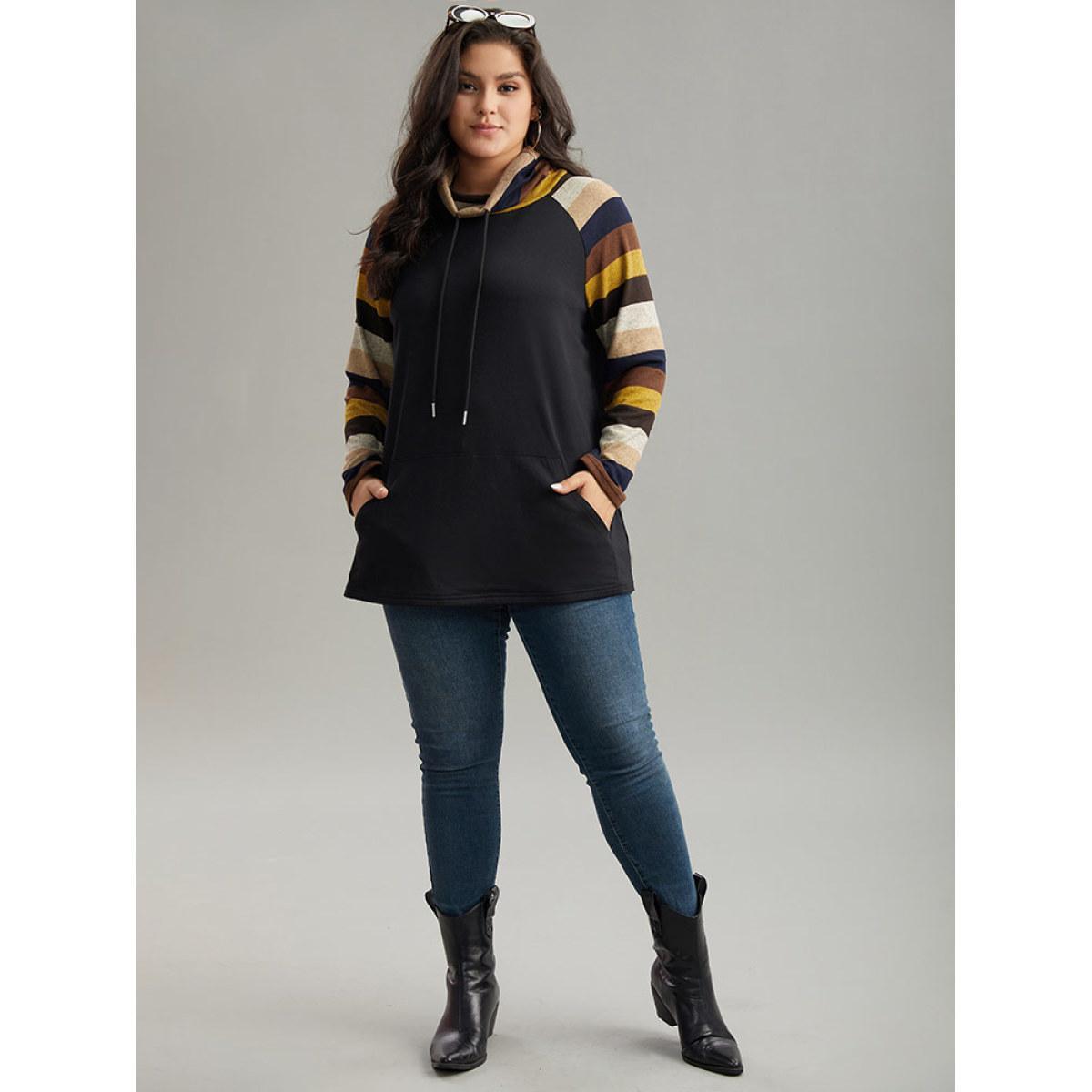 Plus Size Mock Neck Colour Striped Drawstring Sweatshirt Women Black Casual Patchwork Mock Neck Dailywear Sweatshirts BloomChic 28/5X Product Image