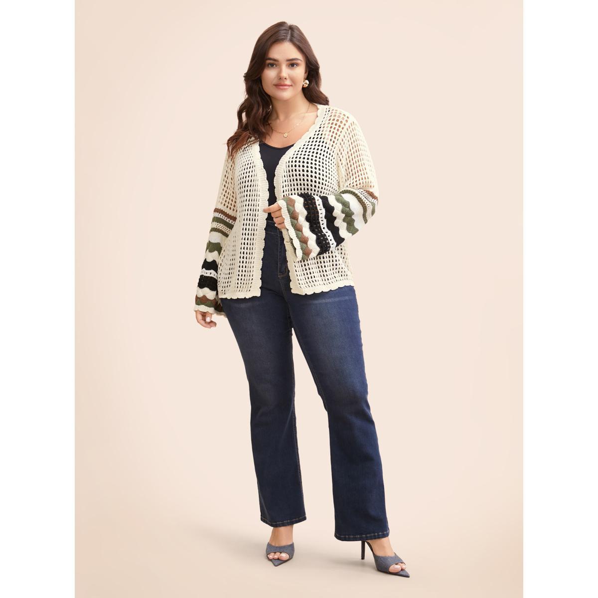 Plus Size Striped Cut Out Bell Sleeve Cardigan Beige Women Casual Loose Three Quater Length Sleeve Everyday Cardigans BloomChic 28/5X Product Image