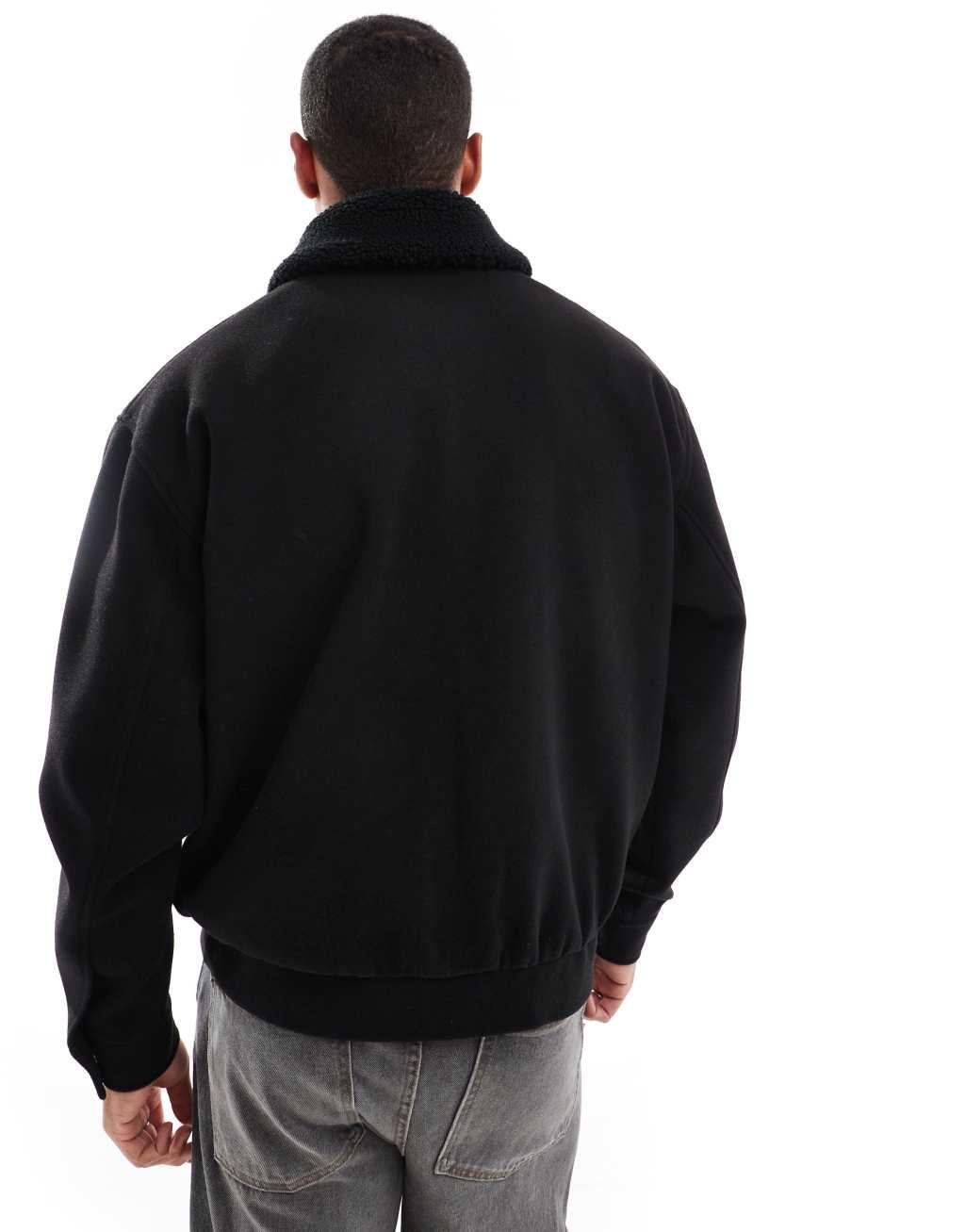ASOS DESIGN wool look harrington jacket with borg collar in black Product Image