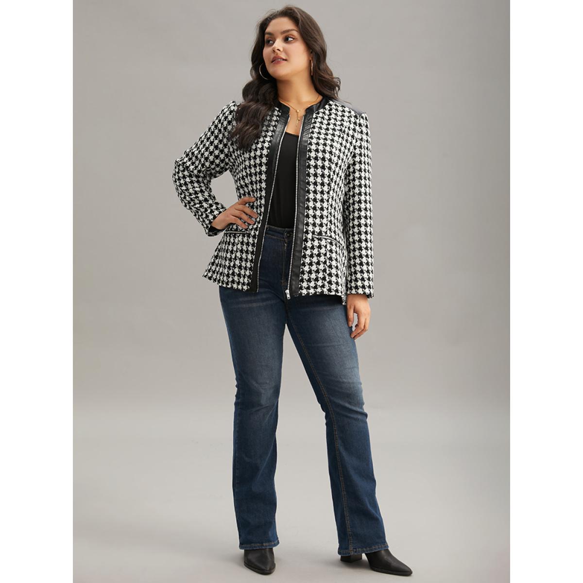 Plus Size Houndstooth PU Leather Patchwork Tweed Zipper Blazer Black Women Dailywear Houndstooth Contrast Sleeve Long Sleeve Open Front 14-16/1X Pocket Casual Blazers BloomChic Product Image