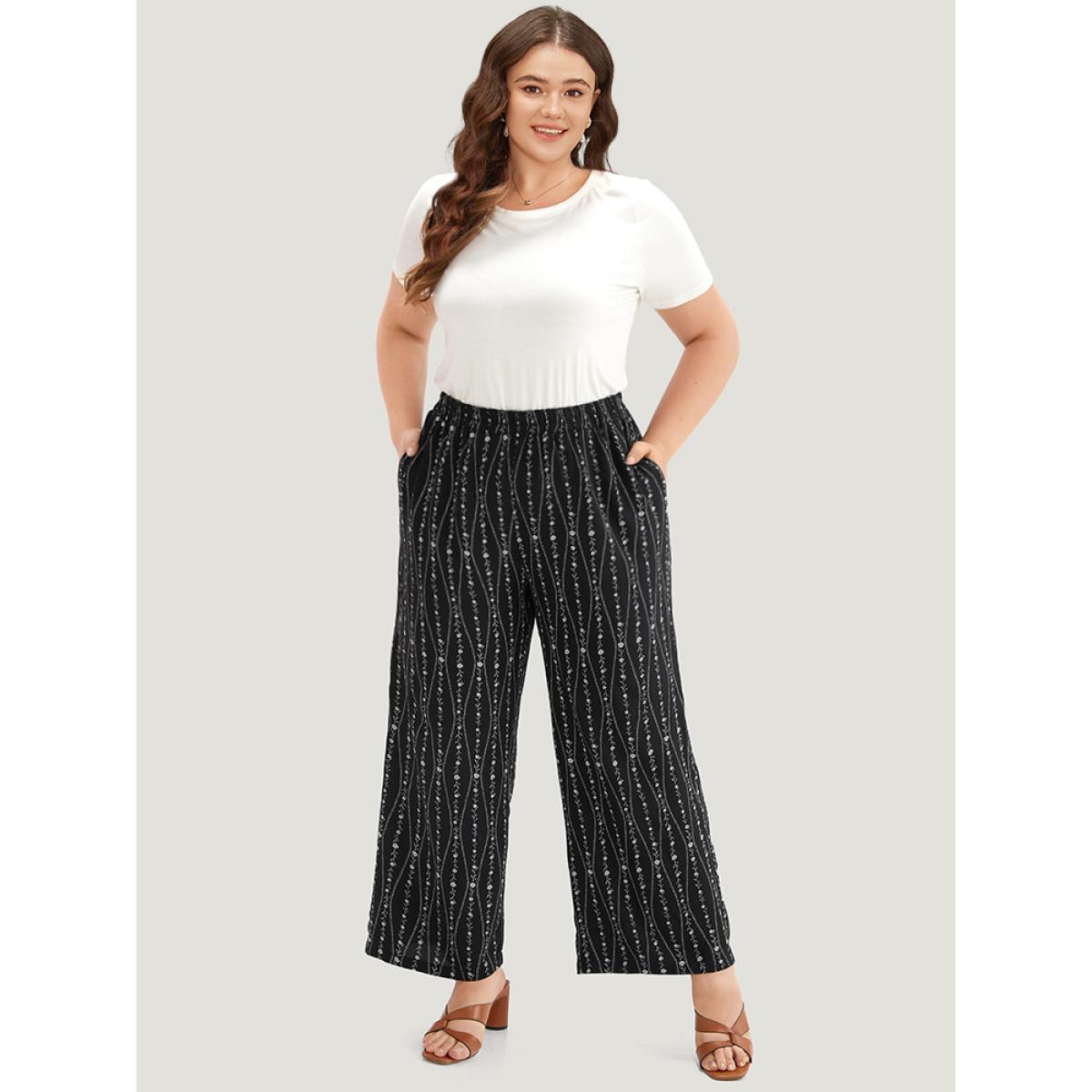 Plus Size Striped Ditsy Floral Elastic Waist Pants Women Black Vacation Straight Leg High Rise Dailywear Pants BloomChic 10/M Product Image