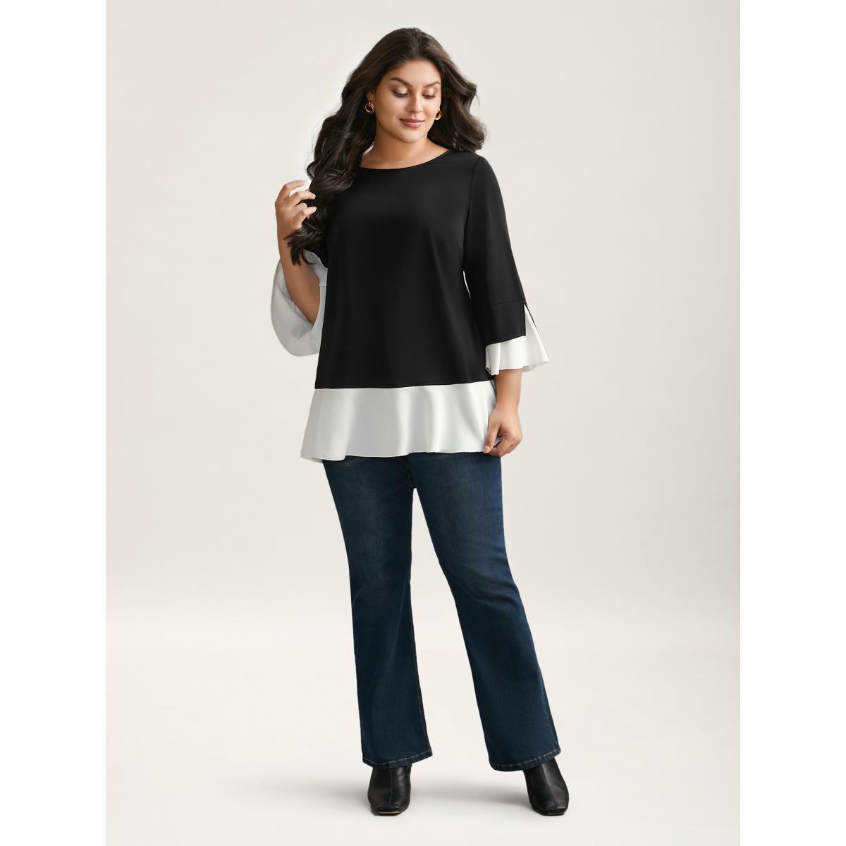 Plus Size Black Contrast Patchwork Bell Sleeve Blouse Women Elegant Elbow-length sleeve Round Neck Everyday Blouses BloomChic 18-20/2X Product Image