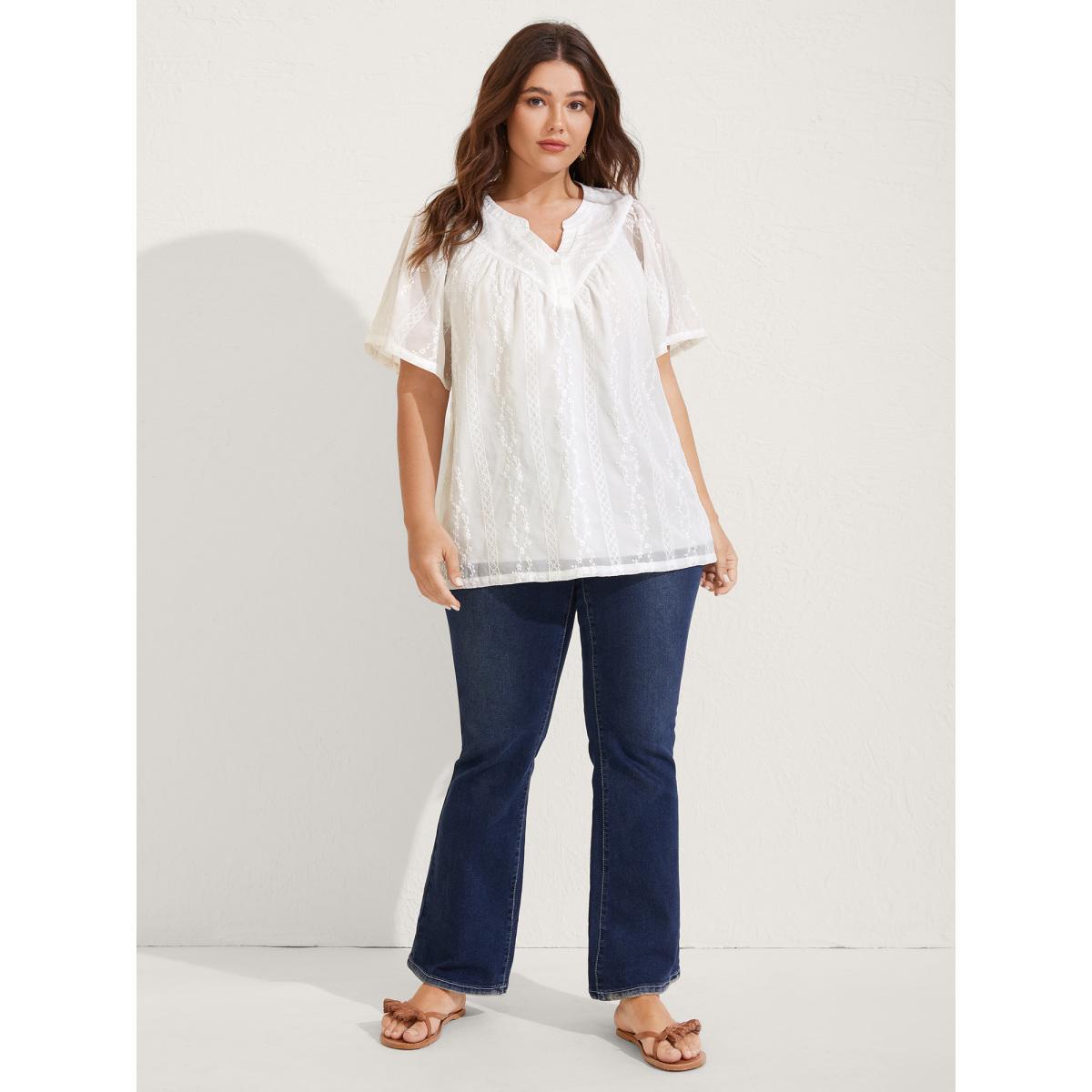 Plus Size Beige Embroidered Notched Collar Sheer Blouse Women Short sleeve Flat collar with V-notch Vacation Blouses BloomChic 22-24/3X Product Image