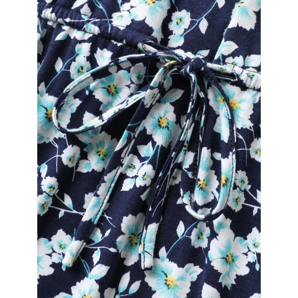Plus Size Supersoft Ditsy Floral Waist-Tie Midi Dress Navy Women Round Neck Short sleeve Curvy BloomChic 12/L Product Image