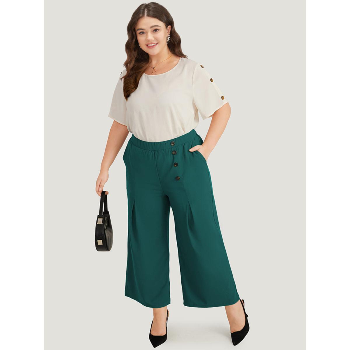 Plus Size Solid Pleated Button Detail Straight Leg Pants Women ArmyGreen Office Straight Leg High Rise Work Pants BloomChic 14-16/1X Product Image