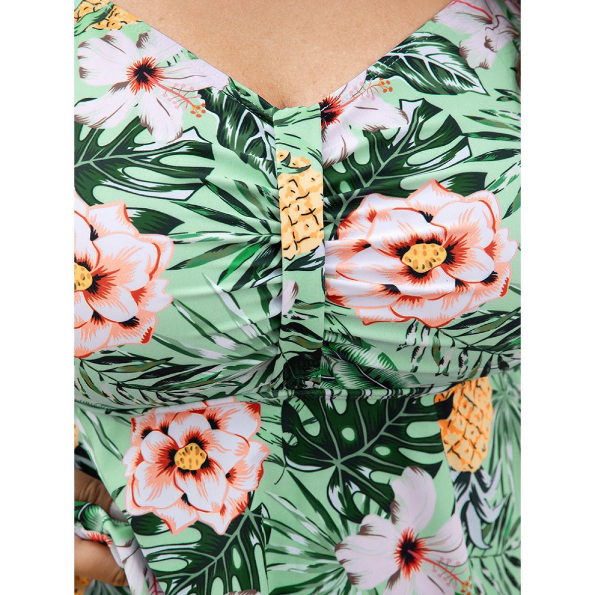 Plus Size Tropical Print A Line Flutter Ruched Front Swim Dress Women's Swimwear Green Vacation Bodycon High stretch Curve Swim Dresses BloomChic 14-16/1X Product Image