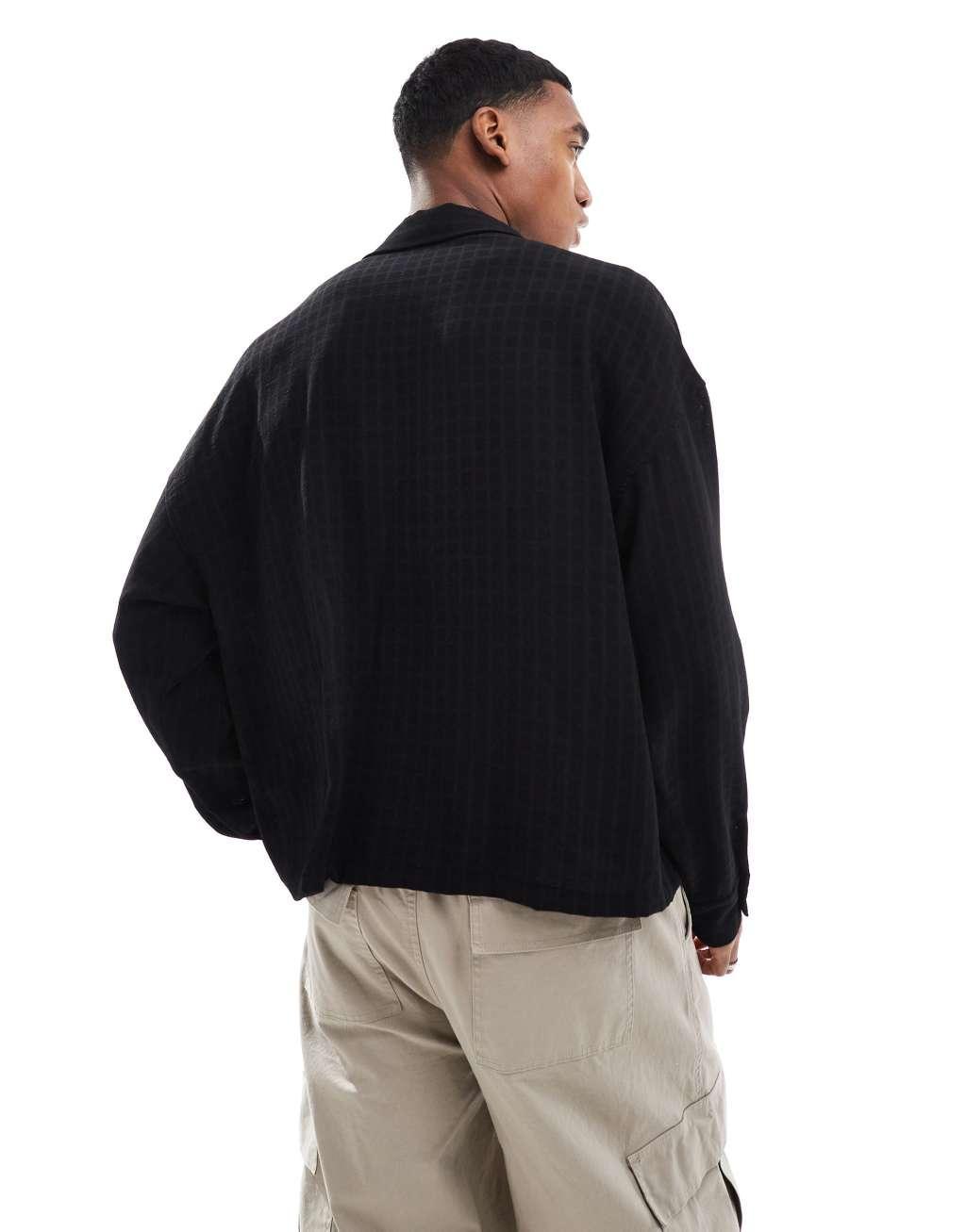 Pull&Bear textured long sleeve shirt in black Product Image