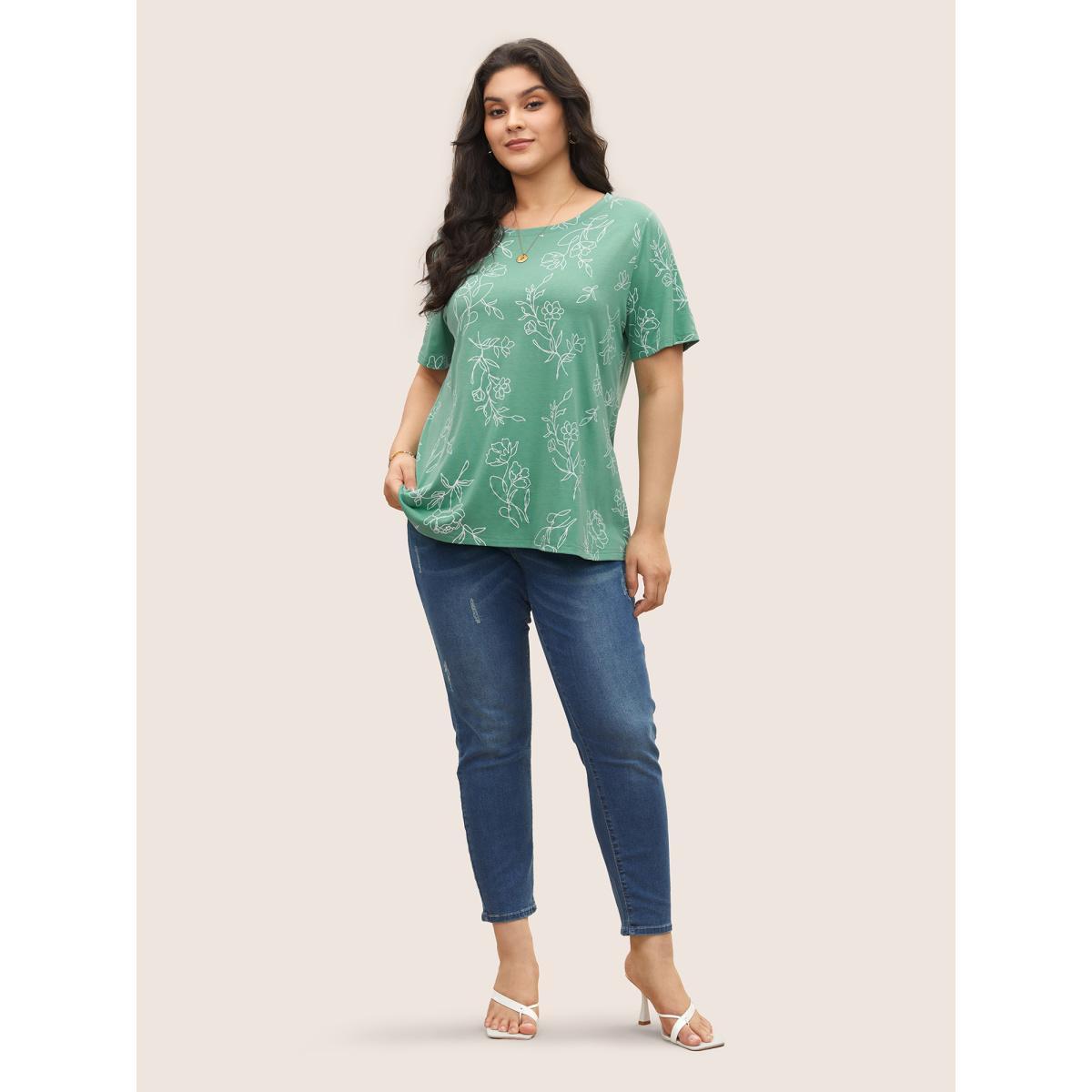 Plus Size Line Floral Print Crew Neck T-shirt Mint Women Elegant Round Neck Everyday T-shirts BloomChic 30/6X Product Image