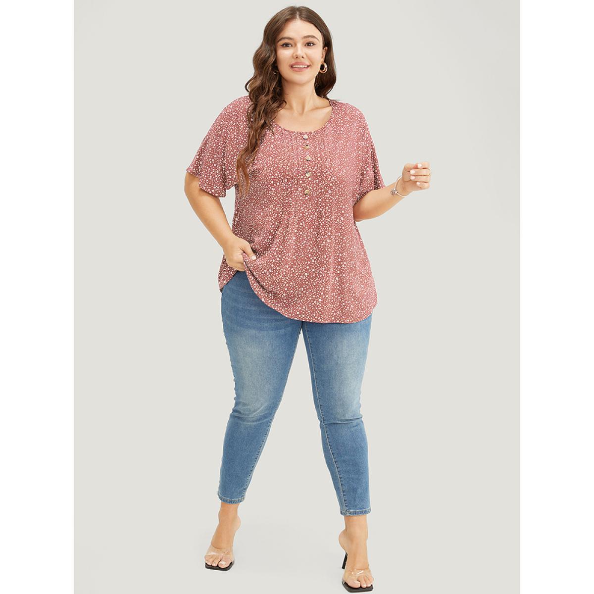 Plus Size Rouge Ditsy Floral Pleated Front Button Detail Blouse Women Elegant Short sleeve Round Neck Dailywear Blouses BloomChic 14-16/1X Product Image