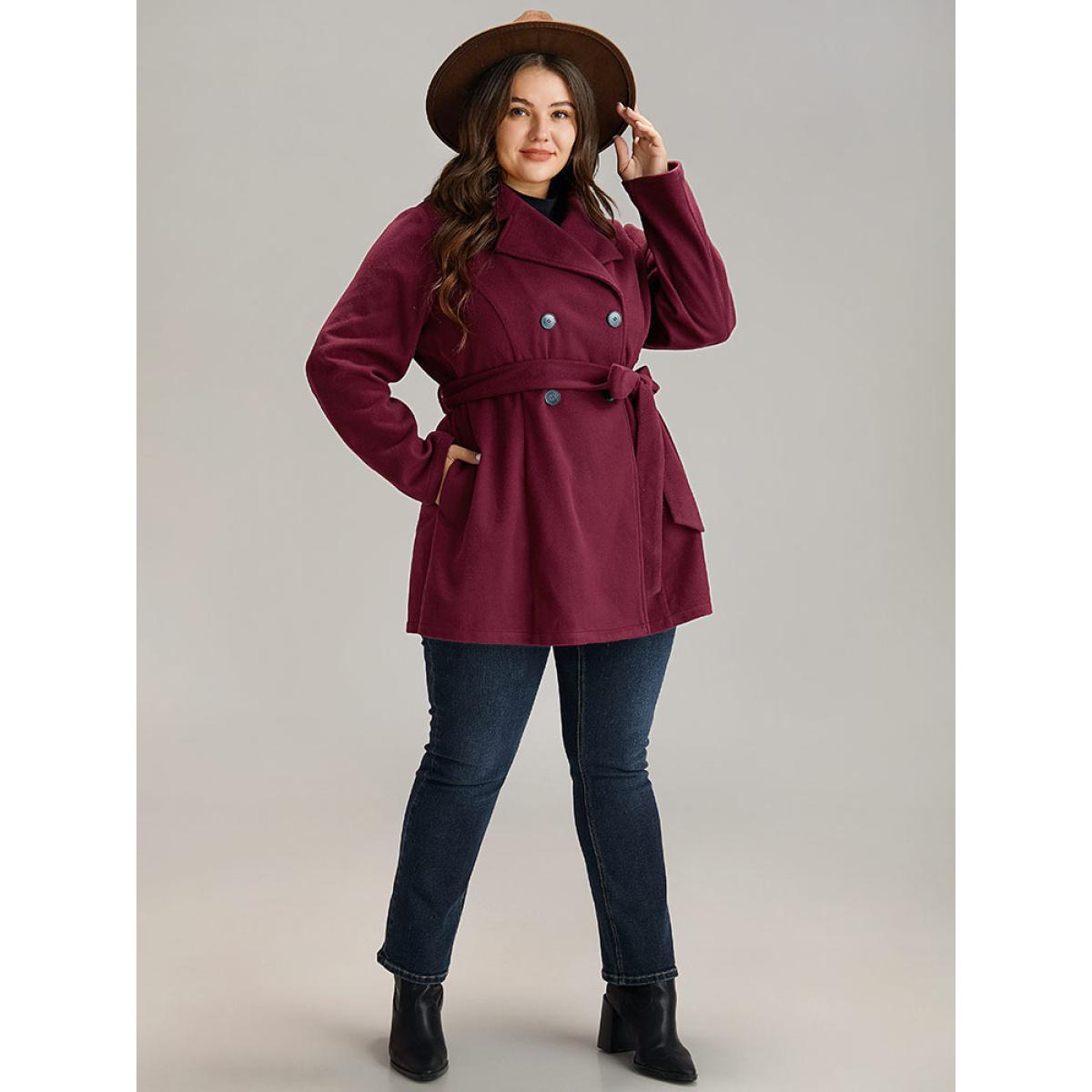 Plus Size Plain Button Up Belted Lapel Collar Coat Women Burgundy Casual Plain Ladies Dailywear Winter Coats BloomChic 12/L Product Image