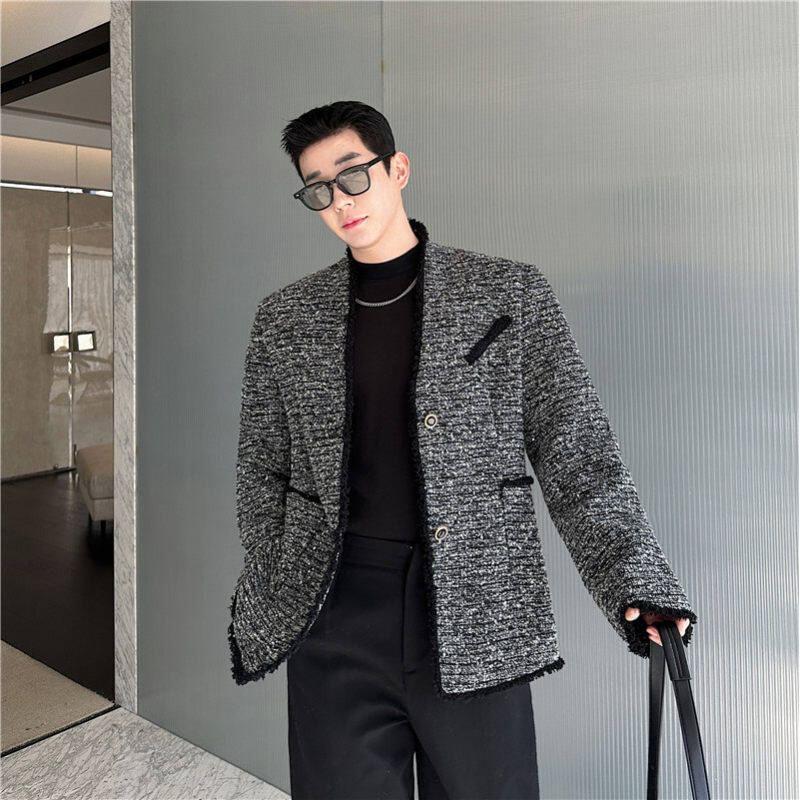 Collarless Tweed Frayed Hem Button Blazer Product Image