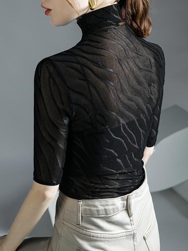 Half Sleeves Plus Size See-Through High Neck T-Shirts Tops Product Image