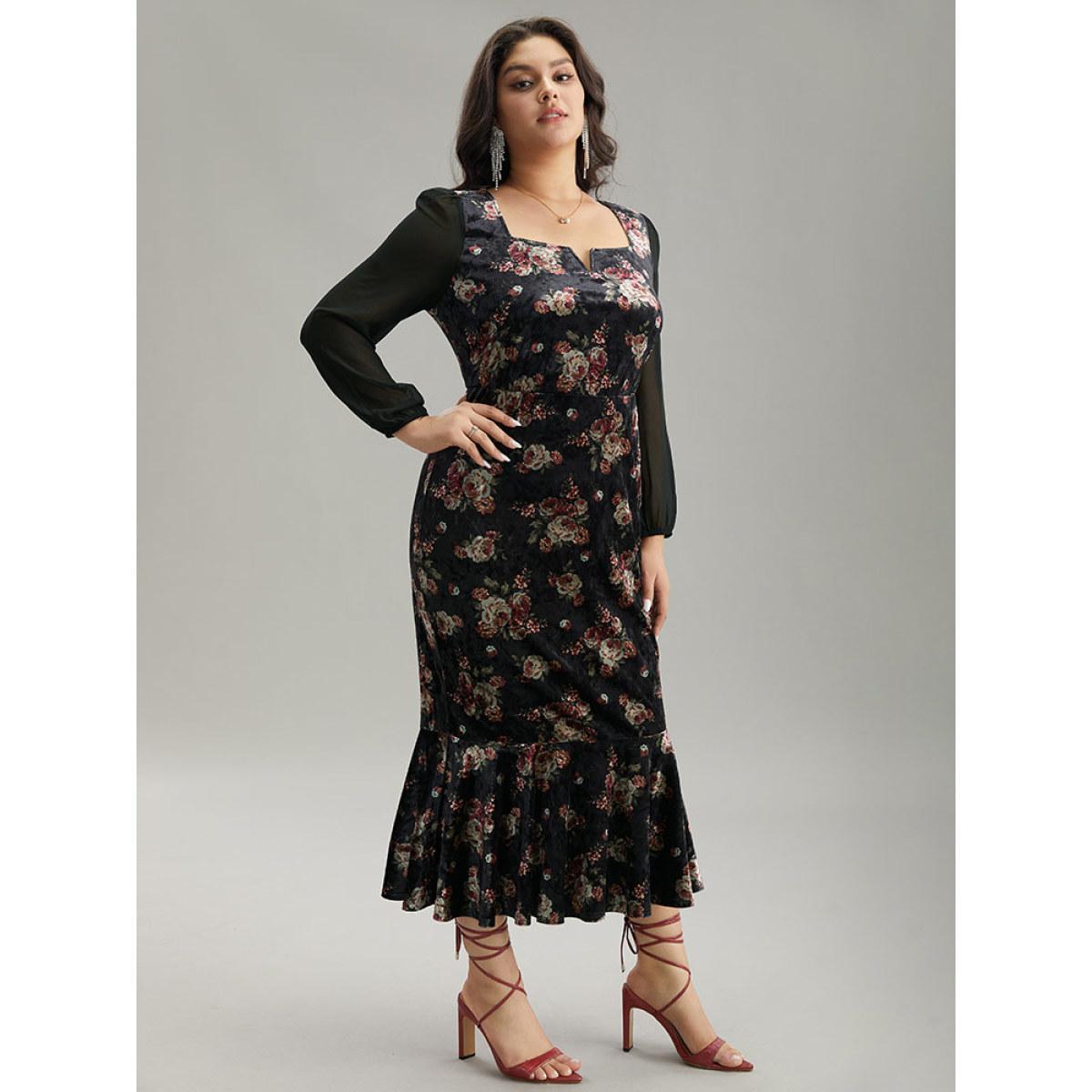 Plus Size Velvet Floral Notched Ruffles Mermaid Hem Dress Black Women Cocktail Velvet Notched collar Long Sleeve Curvy Midi Dress BloomChic 26/4X Product Image
