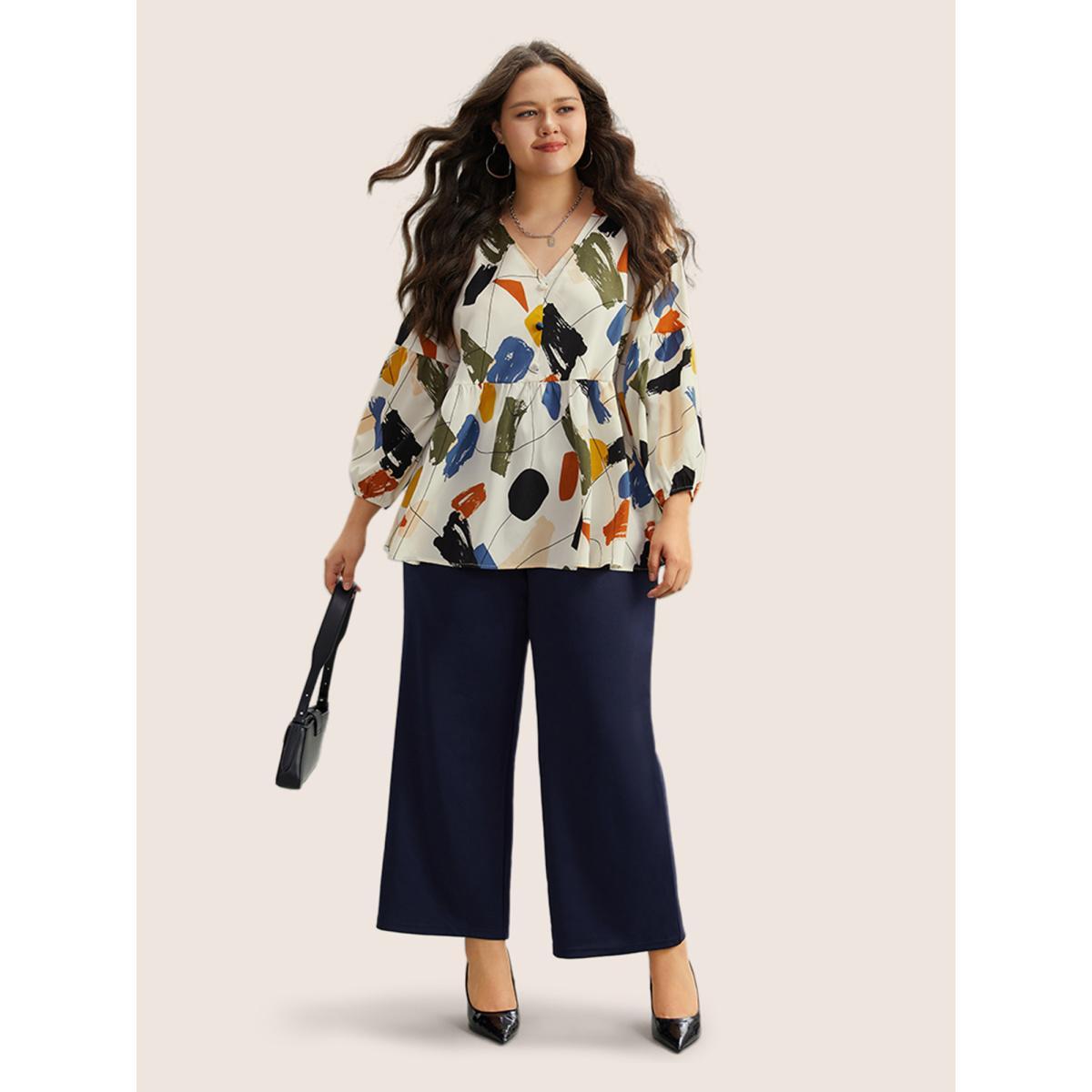 Plus Size Ivory Brush Print Button Detail Elastic Cuffs Blouse Women Casual Long Sleeve V-neck Everyday Blouses BloomChic 18-20/2X Product Image