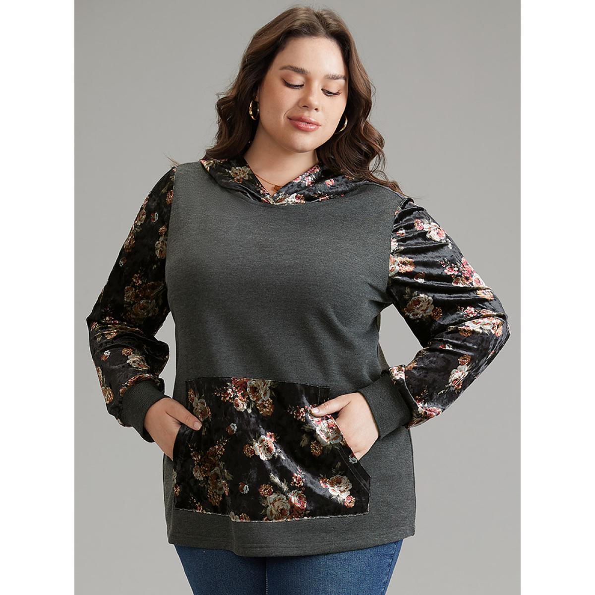 Plus Size Velvet Patchwork Floral Print Kangaroo Pocket Sweatshirt Women DimGray Elegant Velvet Hooded Dailywear Sweatshirts BloomChic 22-24/3X Product Image