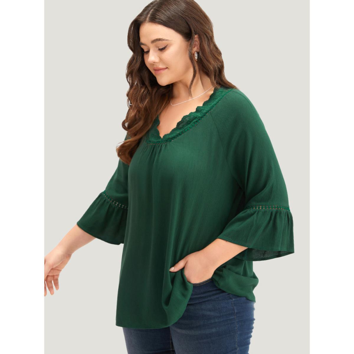 Plus Size Emerald Lace Panel Hollow Out Bell Sleeve Blouse Women Elegant Elbow-length sleeve V-neck Everyday Blouses BloomChic 28/5X Product Image