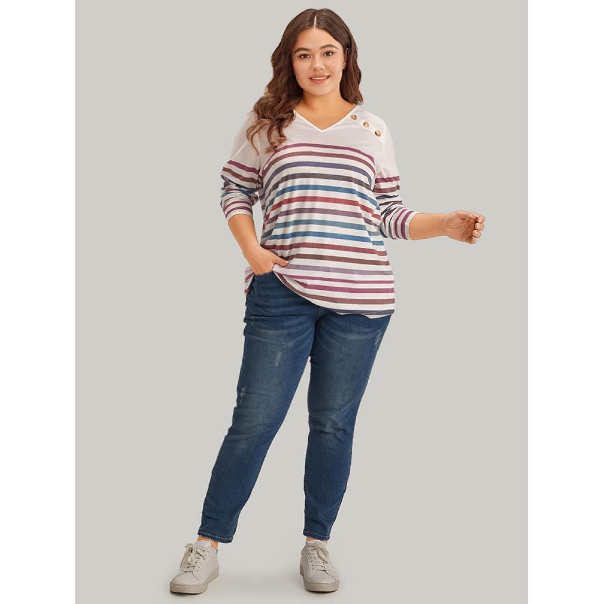 Plus Size Striped V Neck Button Detail Raglan Sleeve T-shirt White Women Casual Button Striped V-neck Dailywear T-shirts BloomChic 14-16/1X Product Image