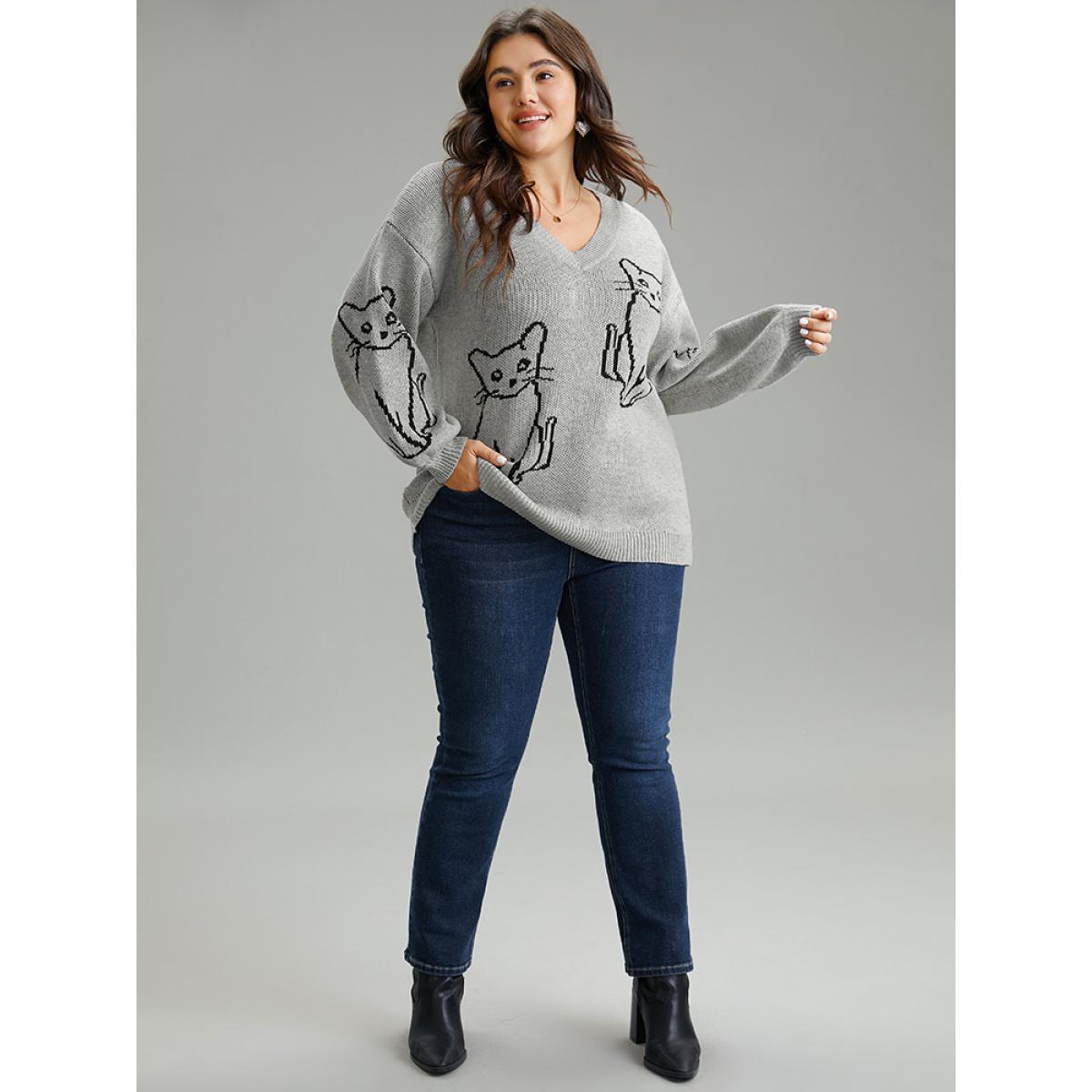 Plus Size Supersoft Essentials Cat Print V Neck Pullover DarkGray Women Casual Long Sleeve V-neck Dailywear Pullovers BloomChic 14-16/1X Product Image