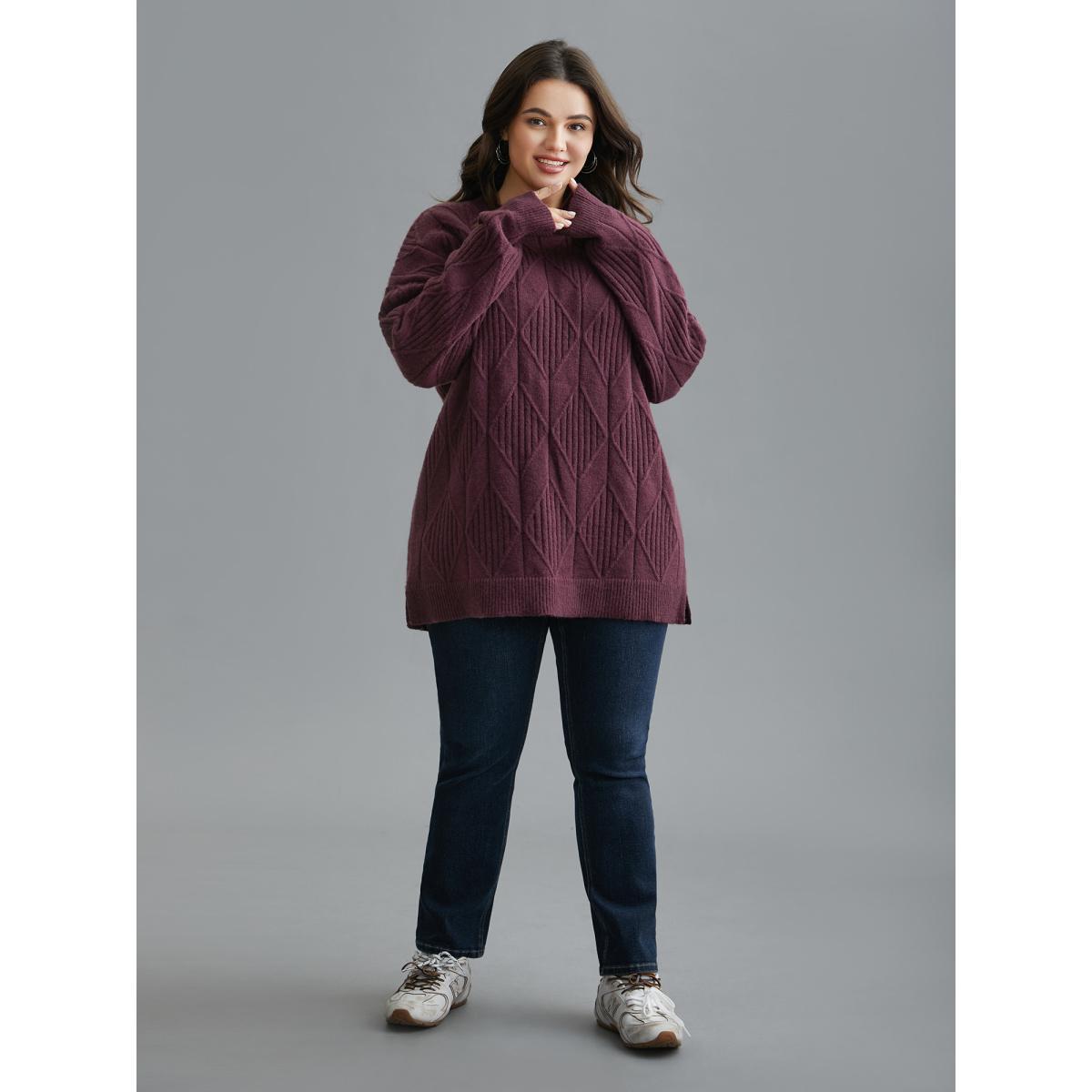 Plus Size Cable Knit Turtleneck Split Hem Pullover Plum Women Casual Loose Long Sleeve Turtleneck Everyday Pullovers BloomChic 18-20/2X Product Image