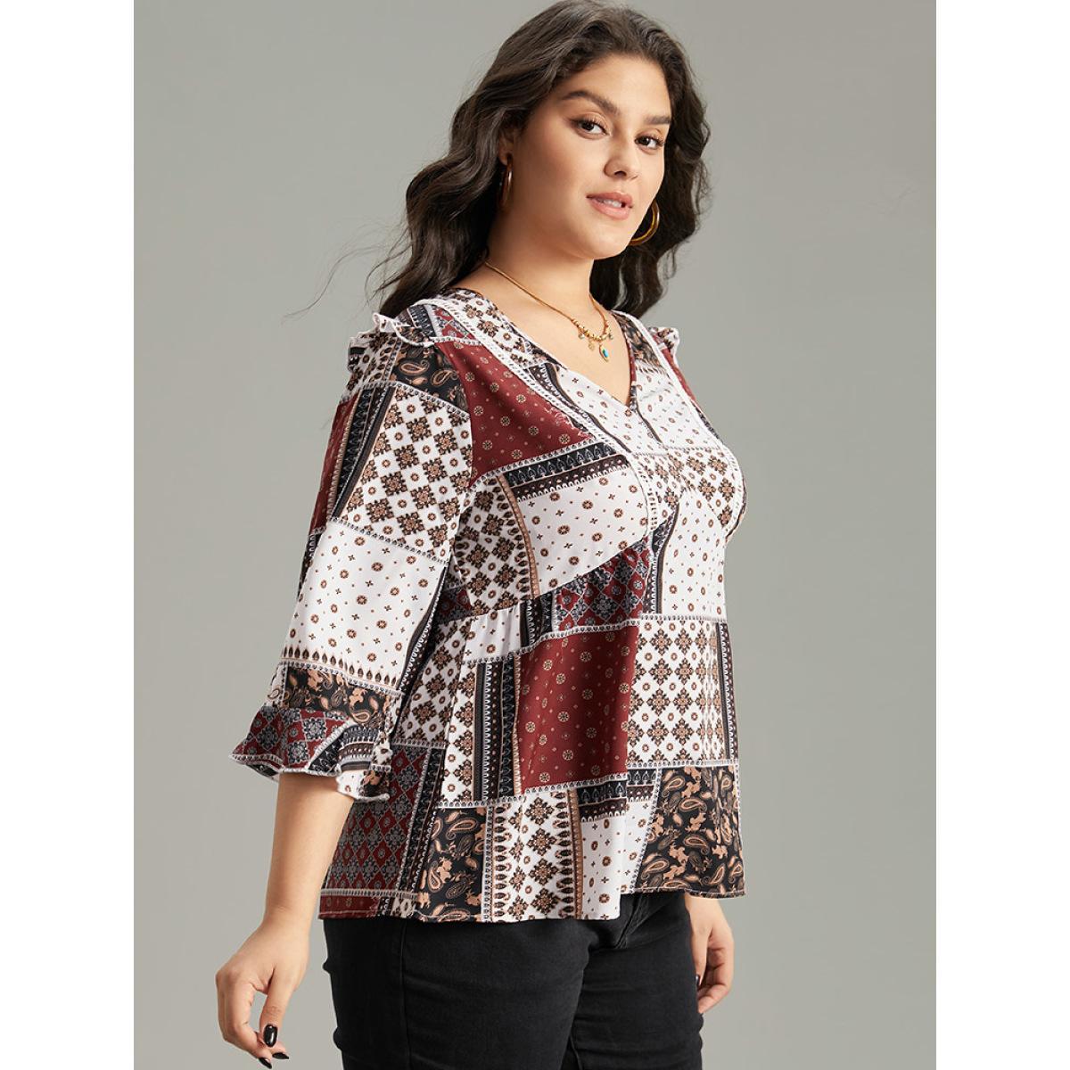 Plus Size Scarlet Moroccan Print Lace Panel Ruffles Frill Trim Blouse Women Vacation Elbow-length sleeve V-neck Vacation Blouses BloomChic 18-20/2X Product Image