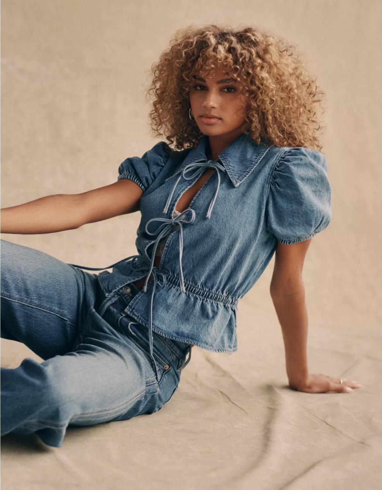 AE Denim Collared Puff Sleeve Tie Front Shirt Product Image