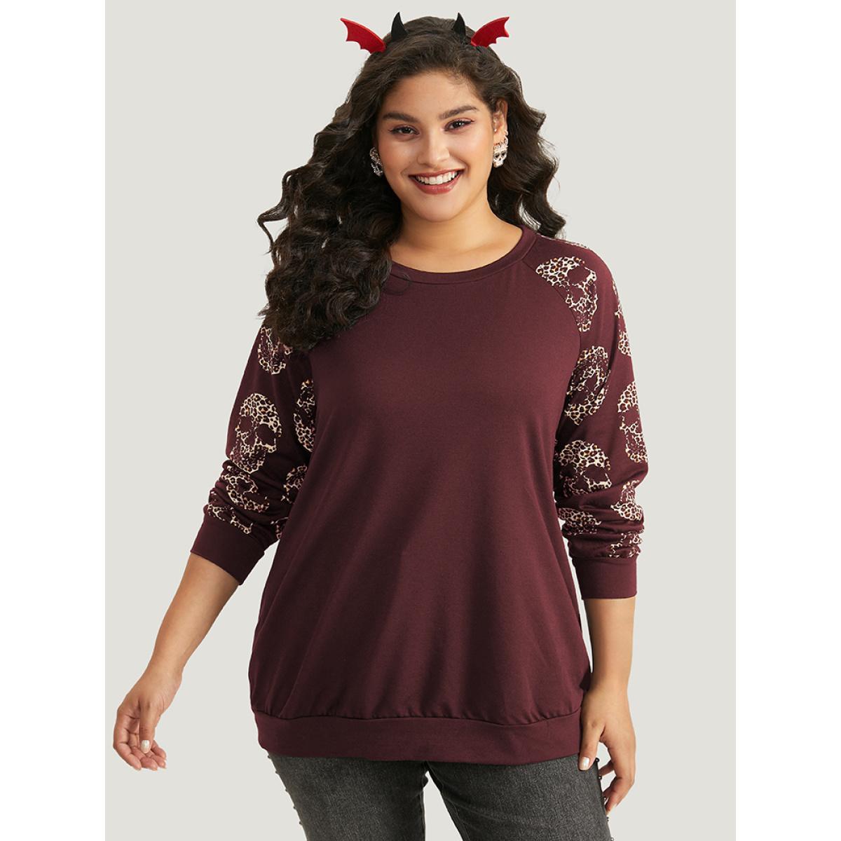 Plus Size Halloween Skull Print Crew Neck Raglan Sleeve Sweatshirt Women Burgundy Casual Elastic cuffs Round Neck Festival-Halloween Sweatshirts BloomChic 10/M Product Image